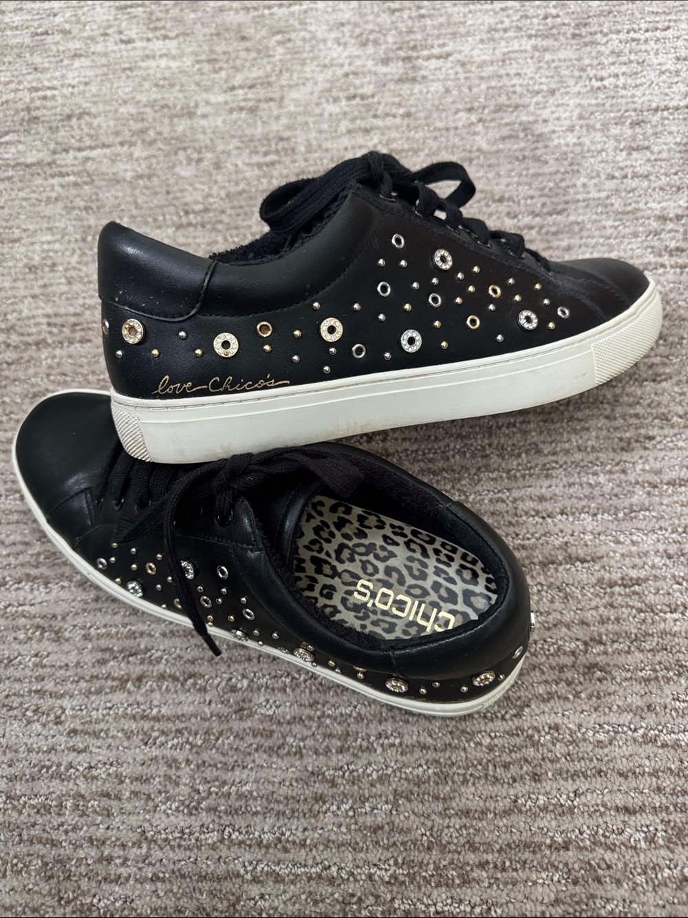 Chico's Black Low-Top Sneakers with Mixed Metal and Rhinestone Studs Size 9